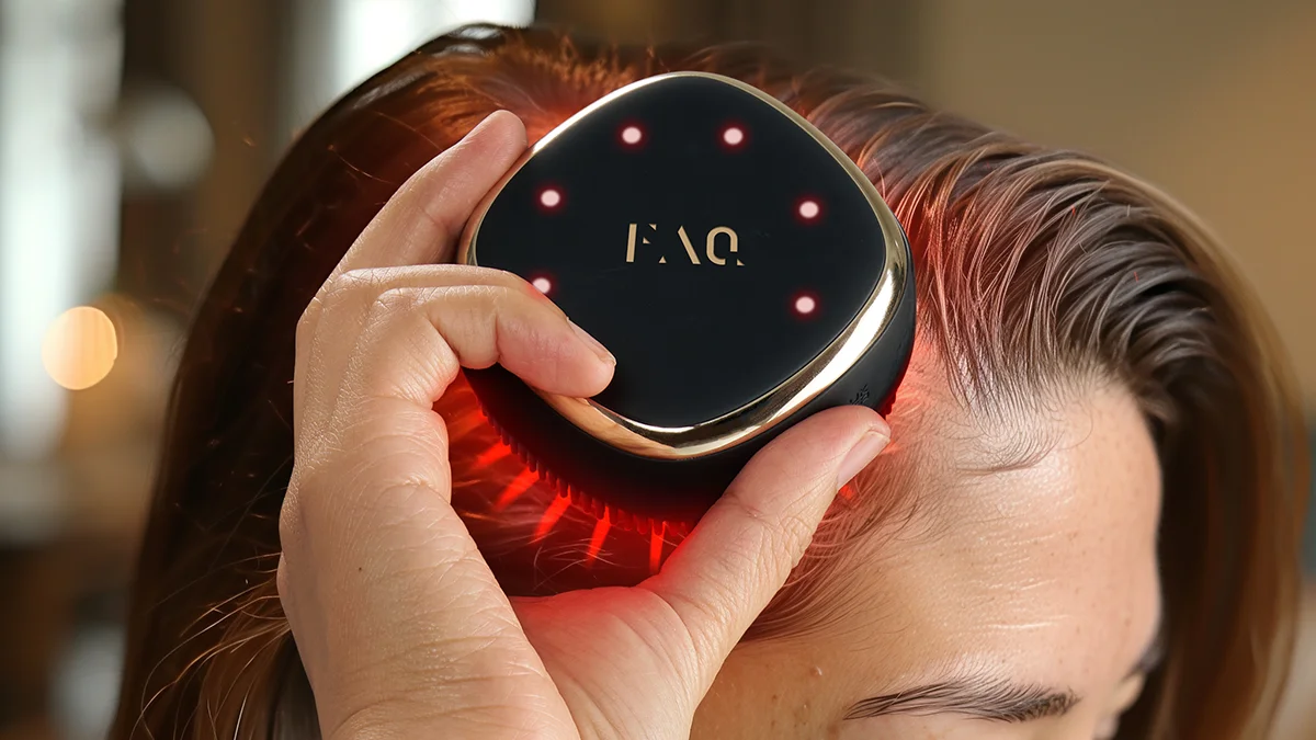 FAQ 302 laser hair therapy and red led hair growth device demonstrated on the temples